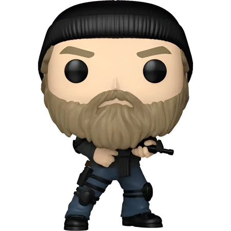 Stranger things season 5 jim hopper funko pop vinyl figure with black beanie tan beard and blue tactical pants in window display box