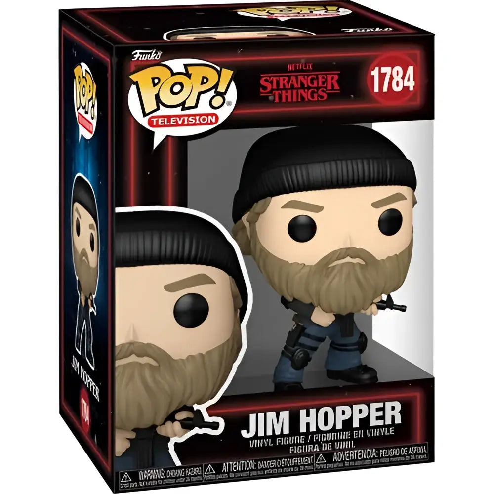 Stranger things season 5 jim hopper funko pop vinyl figure with black beanie and beard in window display box