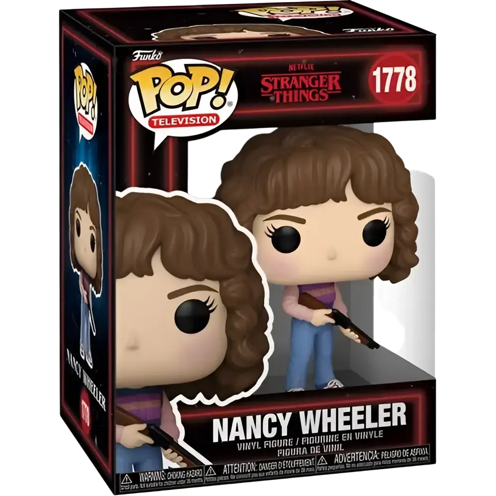 Stranger Things Nancy Wheeler Funko Pop vinyl figure featuring brown curly hair and purple top with blue pants