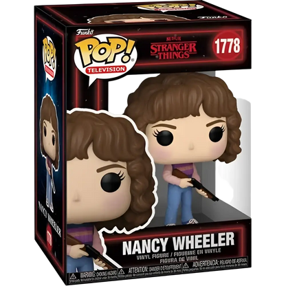 Stranger Things Nancy Wheeler Funko Pop vinyl figure featuring brown curly hair and purple top with blue pants