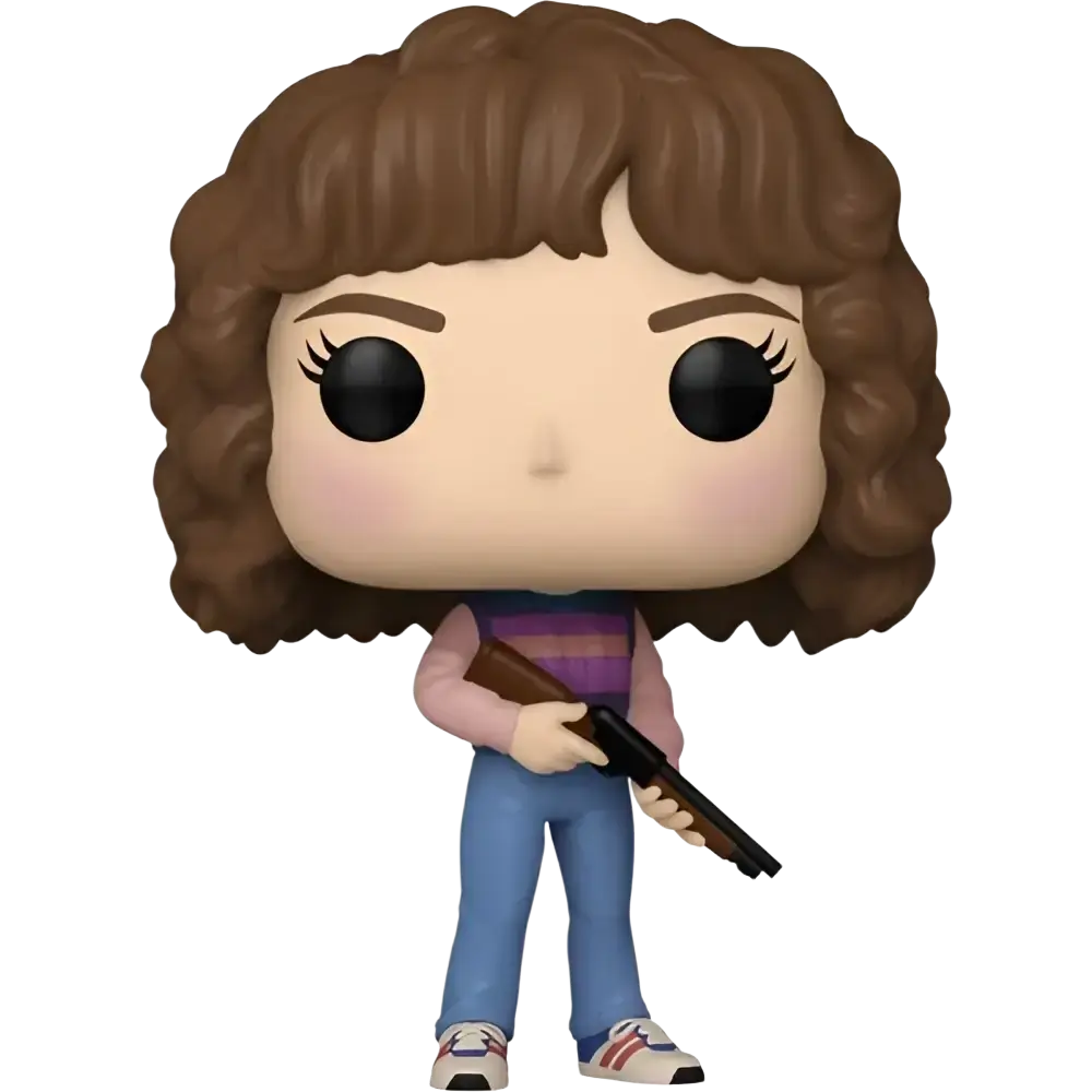Stranger things nancy wheeler funko pop vinyl figure with brown curly hair holding a black shotgun in casual attire