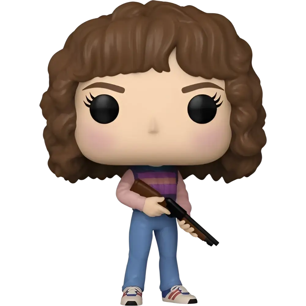 Stranger things nancy wheeler funko pop vinyl figure with brown curly hair holding a black shotgun in casual attire