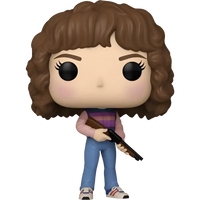 Stranger things nancy wheeler funko pop vinyl figure with brown curly hair holding a black shotgun in casual attire