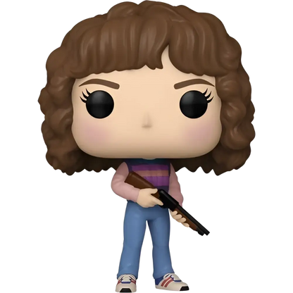 Stranger things nancy wheeler funko pop vinyl figure with brown curly hair holding a black shotgun in casual attire