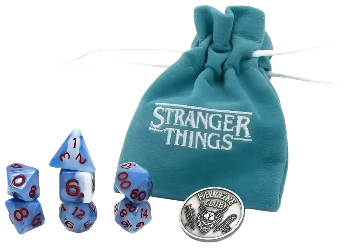 Stranger Things treasure packs with blue and white dice red numbering teal velvet pouch and silver hellfire club coin