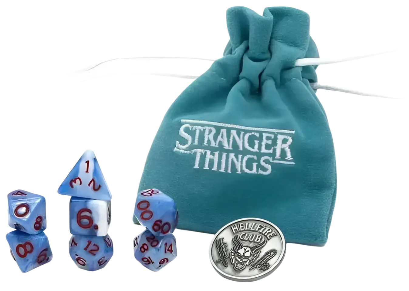Stranger Things treasure packs with blue and white dice red numbering teal velvet pouch and silver hellfire club coin