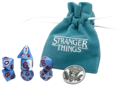 Stranger Things treasure packs with blue and white dice red numbering teal velvet pouch and silver hellfire club coin