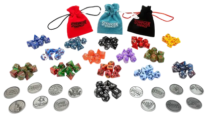 A collection of colorful translucent polyhedral dice with black and white numbering in stranger things treasure packs