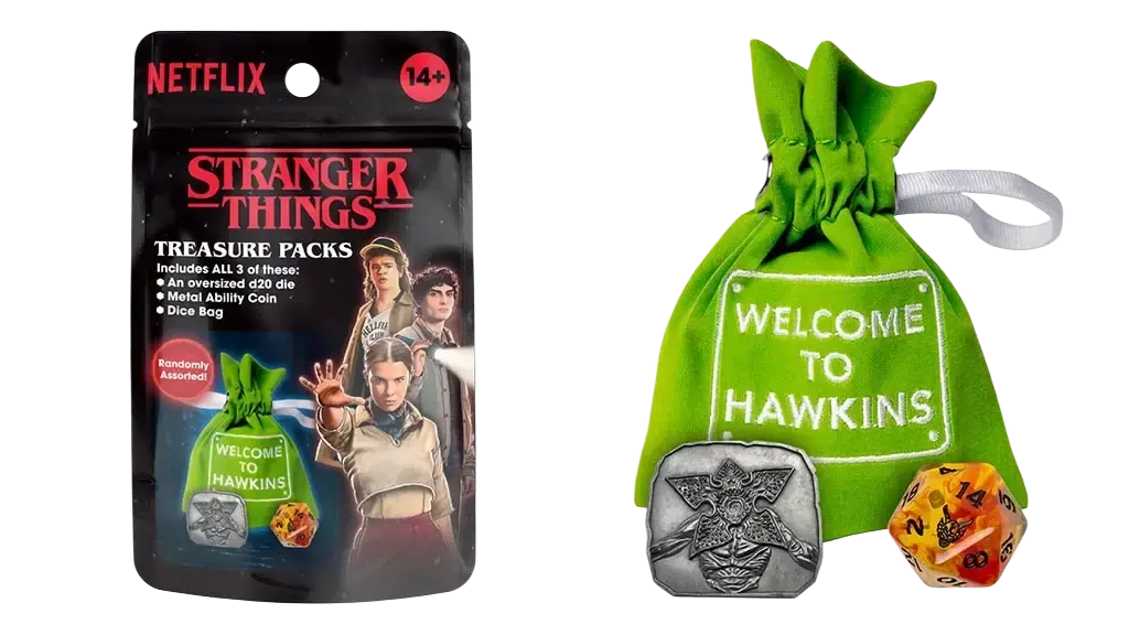 Green ’welcome to hawkins’ dice bag with silver and orange die inside
