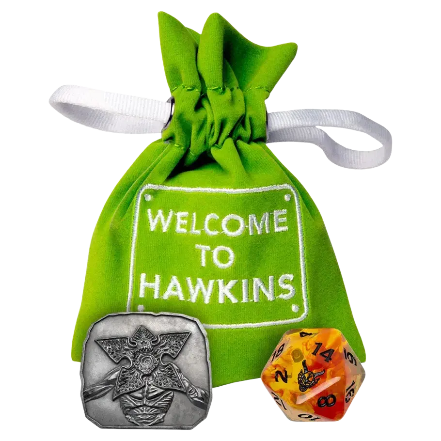 Green drawstring pouch with white welcome to hawkins embroidery silver monster coin and orange 14-sided die from bandai shokugan