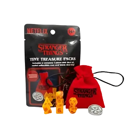 Red drawstring bag with stranger things logo and matching yellow dice in stranger things treasure packs collection