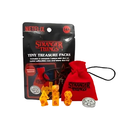 Red drawstring bag with stranger things logo and matching yellow dice in stranger things treasure packs collection