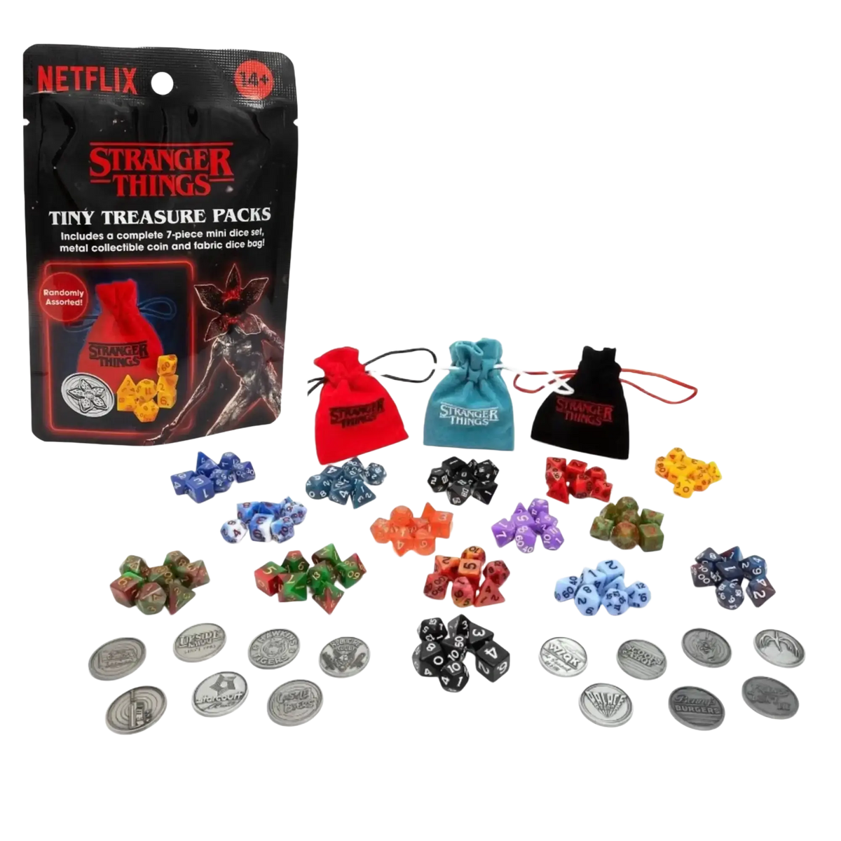Stranger things treasure packs with colorful polyhedral dice, metallic coins, and red blue black fabric bags for collectors