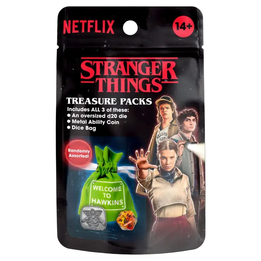 Stranger things treasure packs featuring a green drawstring bag with an oversized d20 die and metal ability coin, ideal for bandai shokugan fans