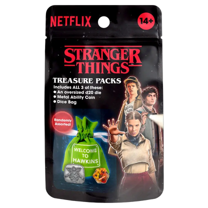 Stranger things treasure packs featuring a green drawstring bag with an oversized d20 die and metal ability coin, ideal for bandai shokugan fans