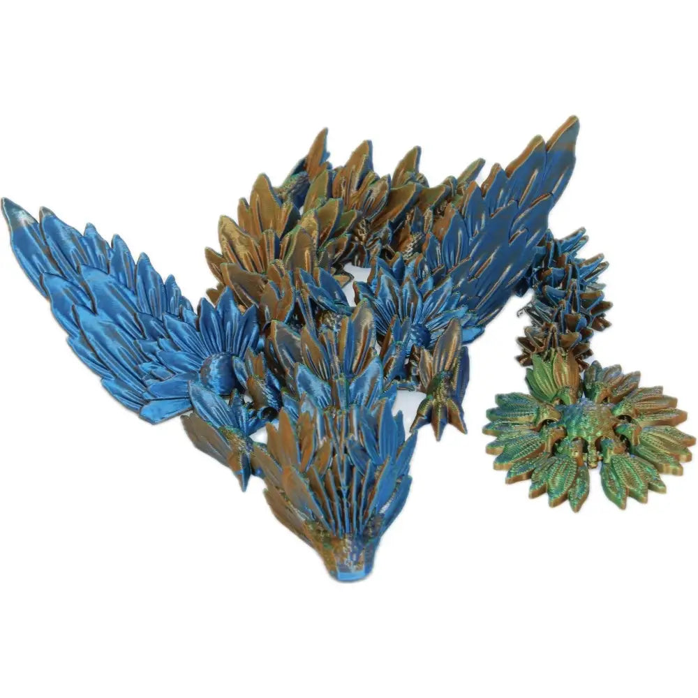 Iridescent blue and bronze crystalline sculpture.