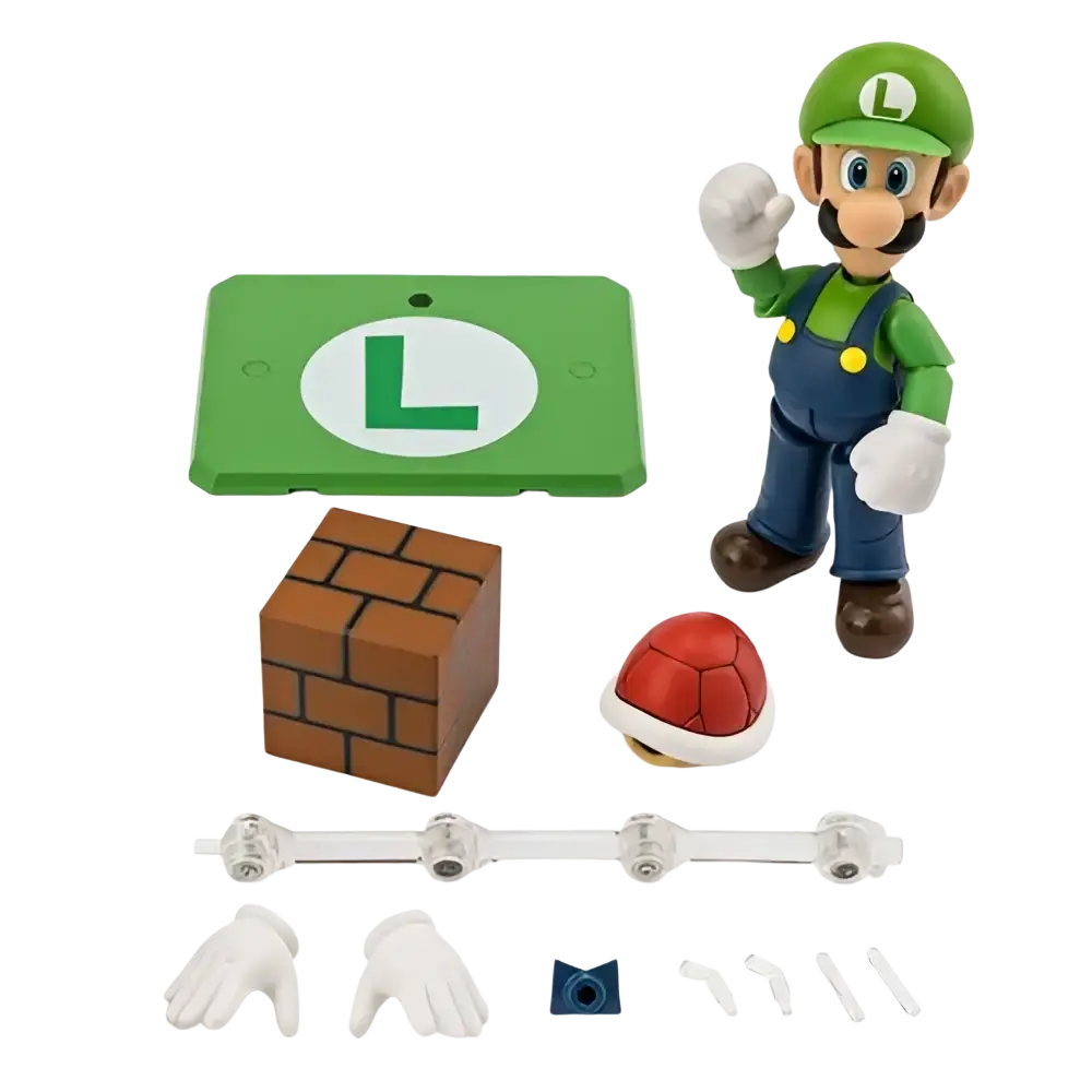 Super Luigi Bros sh figuarts action figure in green and blue overalls with yellow buttons standing beside accessories