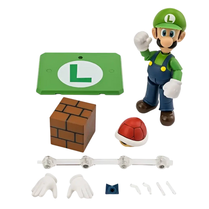 Super Luigi Bros sh figuarts action figure in green and blue overalls with yellow buttons standing beside accessories