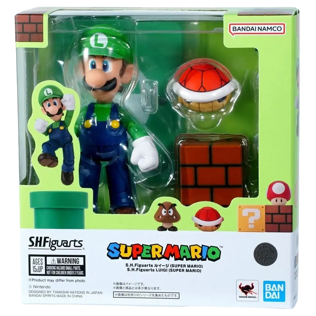 Super luigi bros stylized vinyl figure in green and blue with red shell enemy and brick block accessories from s.h.figuarts