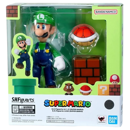 Super luigi bros stylized vinyl figure in green and blue with red shell enemy and brick block accessories from s.h.figuarts