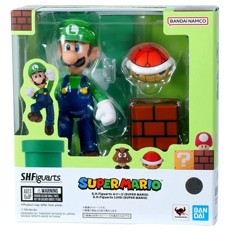 Super luigi bros stylized vinyl figure in green and blue with red shell enemy and brick block accessories from s.h.figuarts