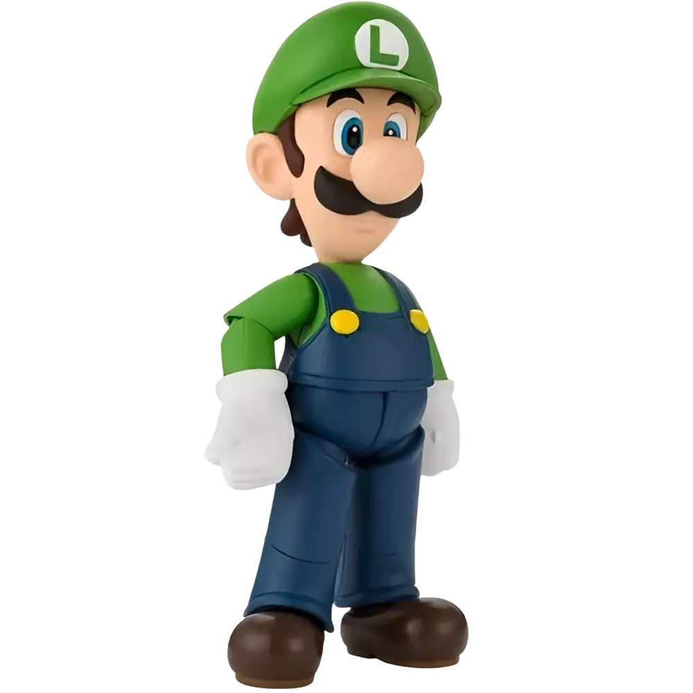 Super luigi bros stylized vinyl figure with green and blue color wearing signature hat and overalls from sh figuarts line