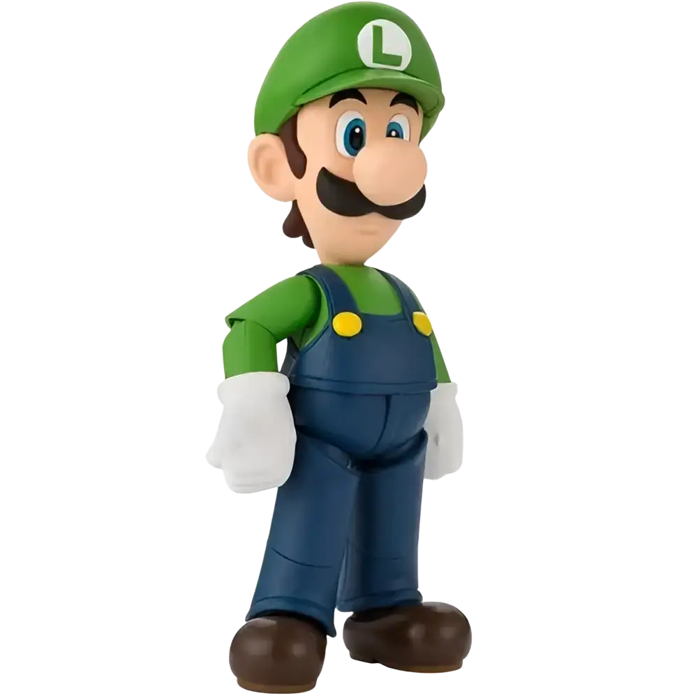 Super luigi bros stylized vinyl figure with green and blue color wearing signature hat and overalls from sh figuarts line
