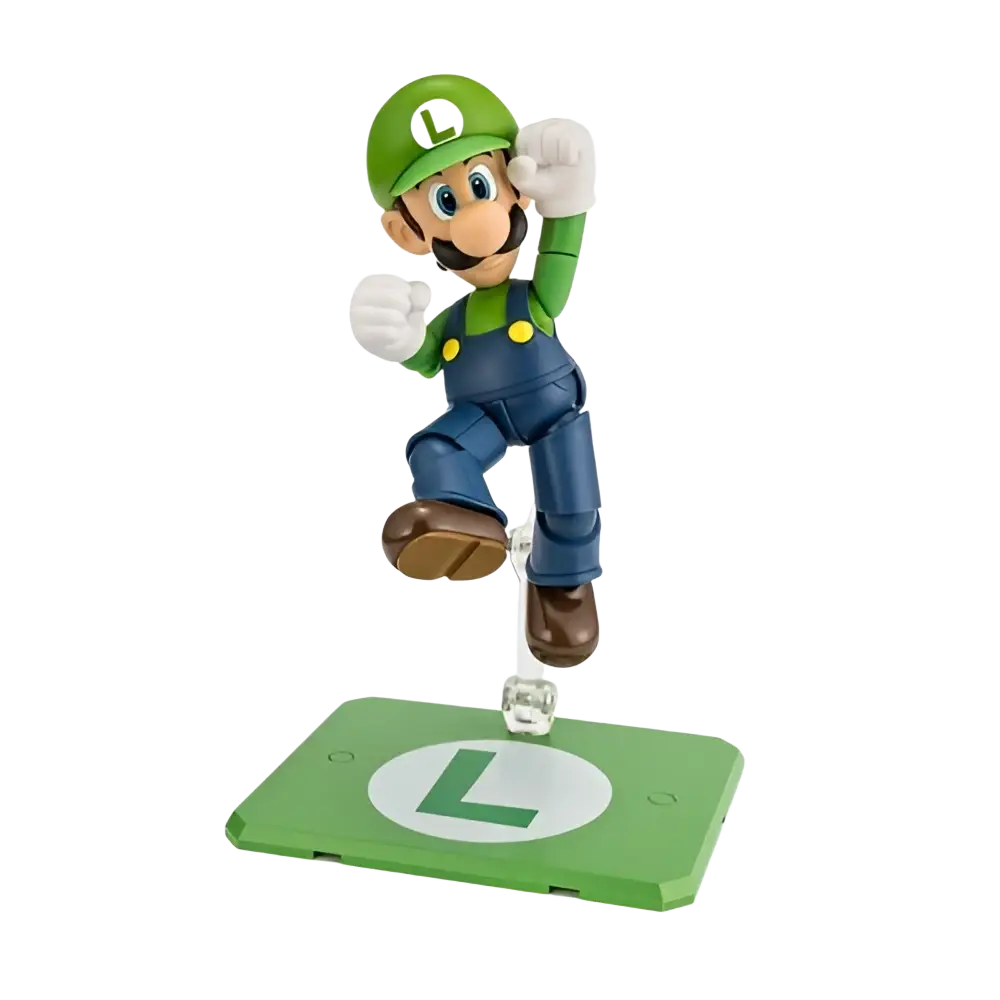 Super luigi bros stylized vinyl figure featuring green and blue plastic luigi with yellow buttons on green base