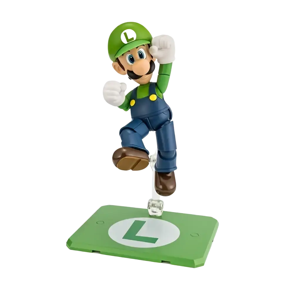 Super luigi bros stylized vinyl figure featuring green and blue plastic luigi with yellow buttons on green base
