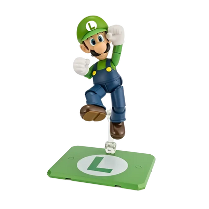 Super luigi bros stylized vinyl figure featuring green and blue plastic luigi with yellow buttons on green base