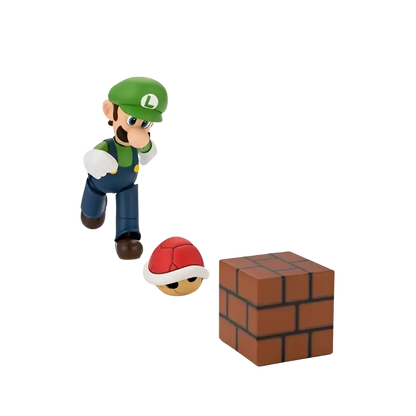 Super luigi bros shfiguarts action figure in blue overalls and brown shoes beside red shell and brick block