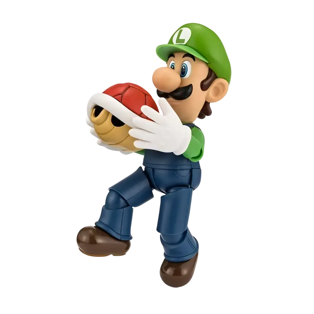 Super luigi bros stylized vinyl figure in green hat blue overalls holding red shell from sh figuarts action figure line