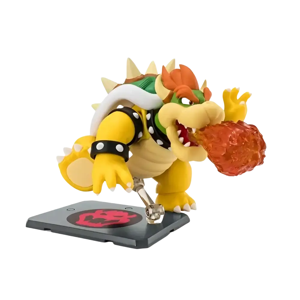 Yellow and green figuarts bowser action figure with orange hair, polka-dot belt, and fiery breath from super luigi bros