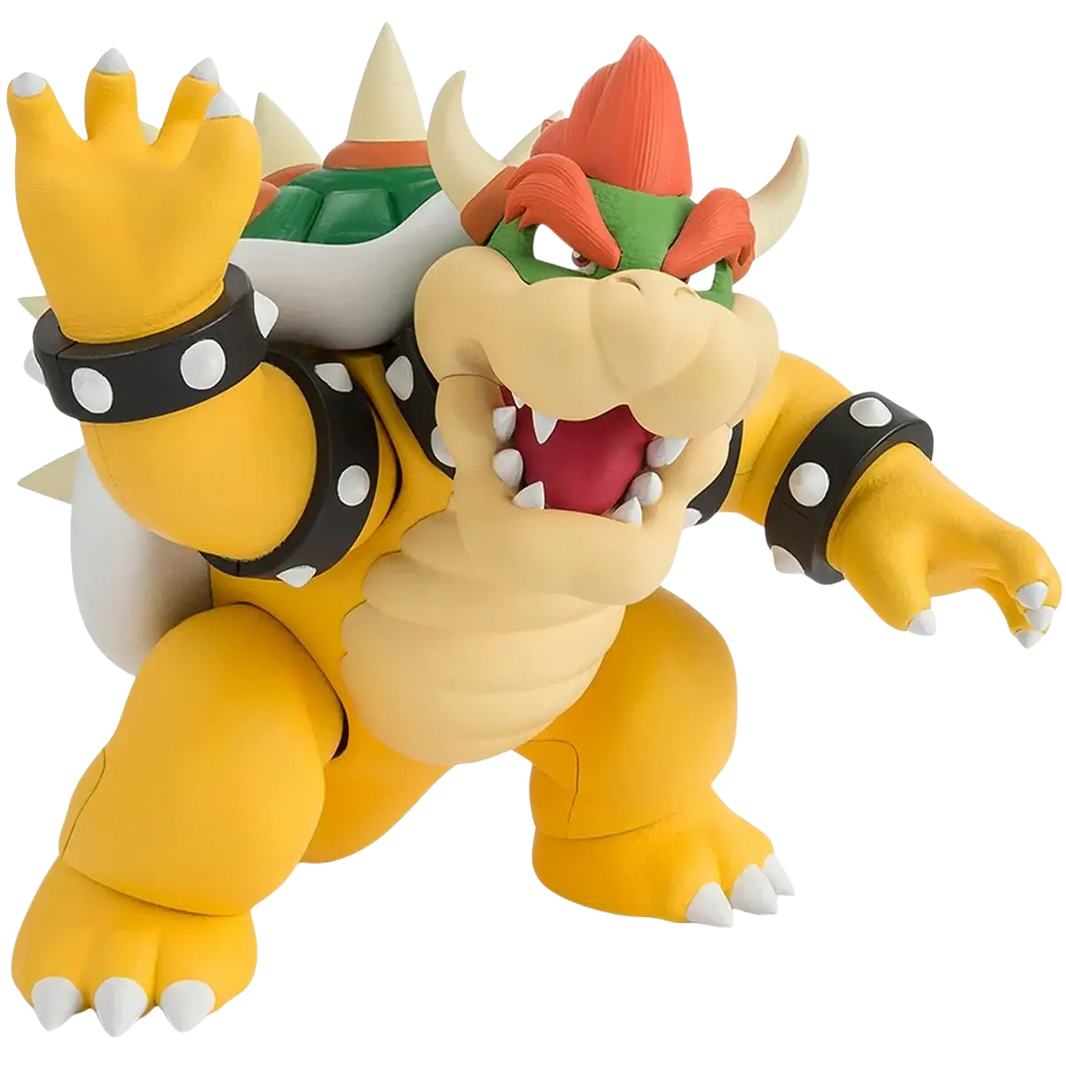 Yellow plastic figuarts bowser action figure with green orange shell black spiked wristbands and red tongue from super luigi bros