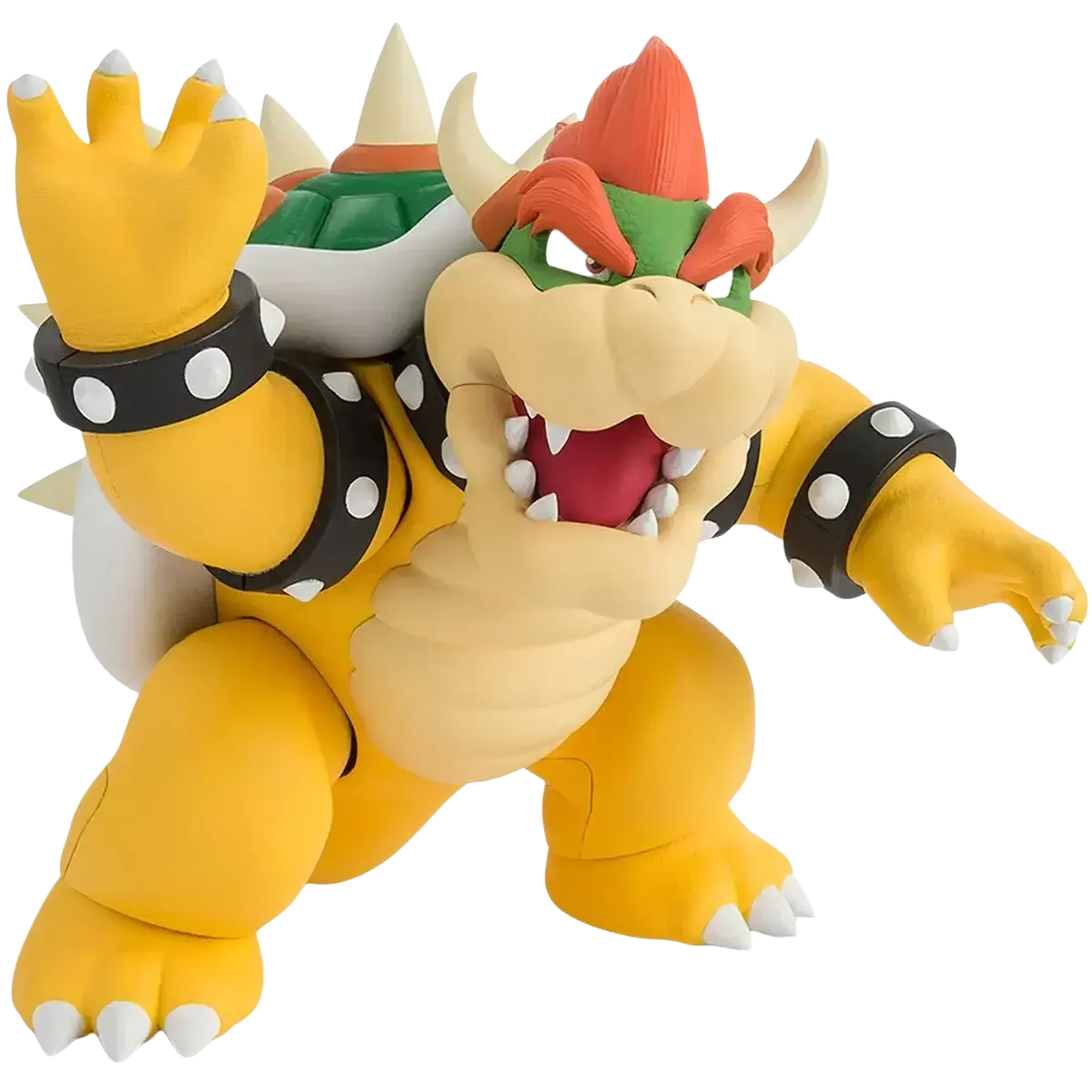 Yellow plastic figuarts bowser action figure with green orange shell black spiked wristbands and red tongue from super luigi bros
