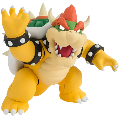 Yellow plastic figuarts bowser action figure with green orange shell black spiked wristbands and red tongue from super luigi bros