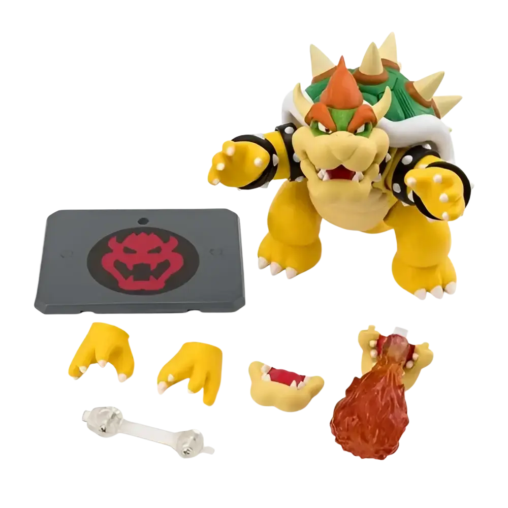 Super Luigi Bros Mario S.H.Figuarts Bowser stylized vinyl figure with yellow green body orange spikes and black armored bands