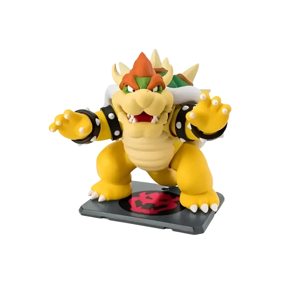 Yellow stylized vinyl figuarts bowser action figure with orange spikes green eyes and black white armored bands from super luigi bros