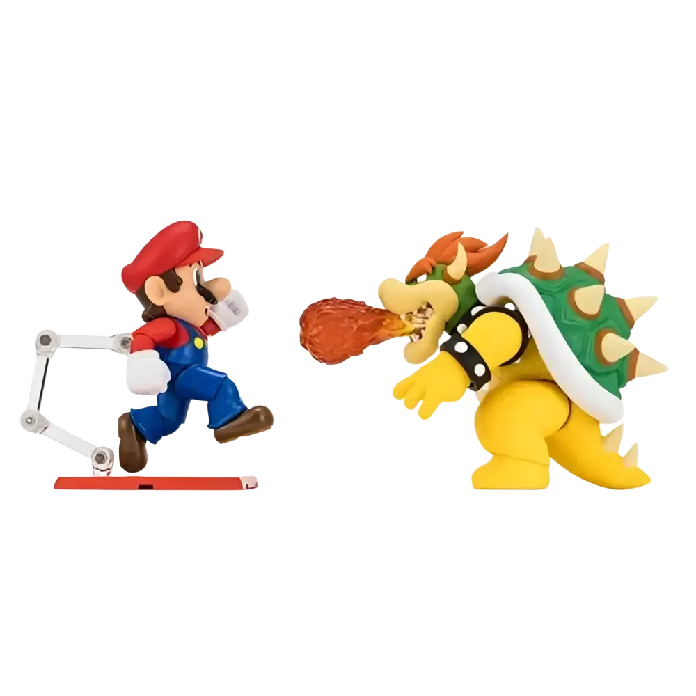 Red and blue plastic Super Luigi Bros Mario S.H.Figuarts Bowser action figure with white glove on red base stylized vinyl figure