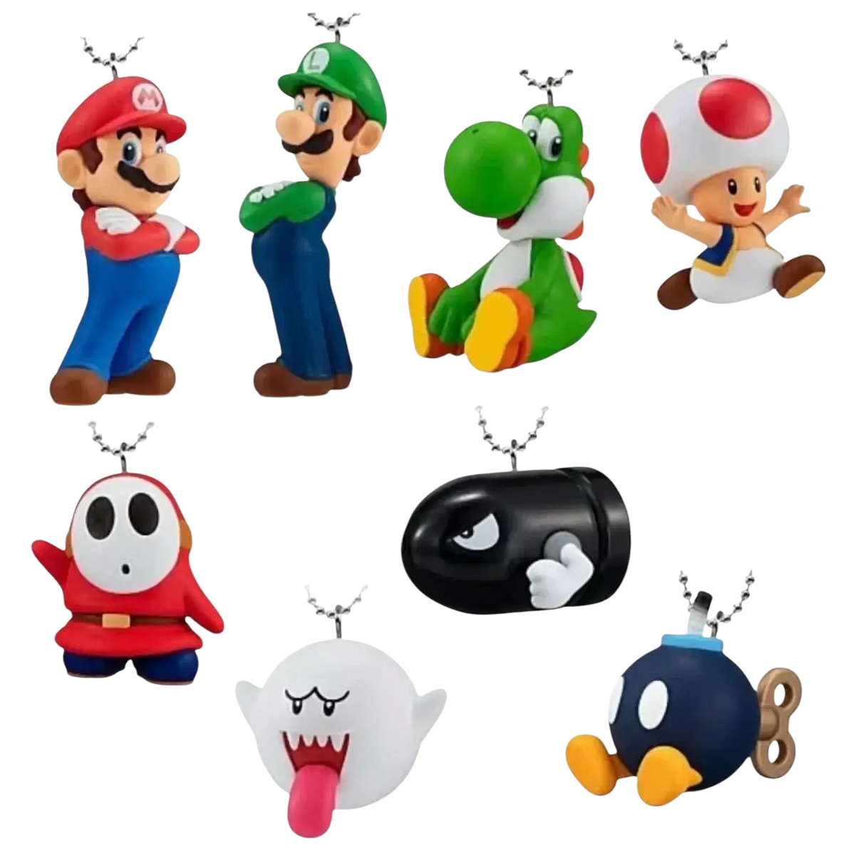 Set of eight colorful plastic nintendo super mario mascot charm collection keychains officially licensed by bandai shokugan