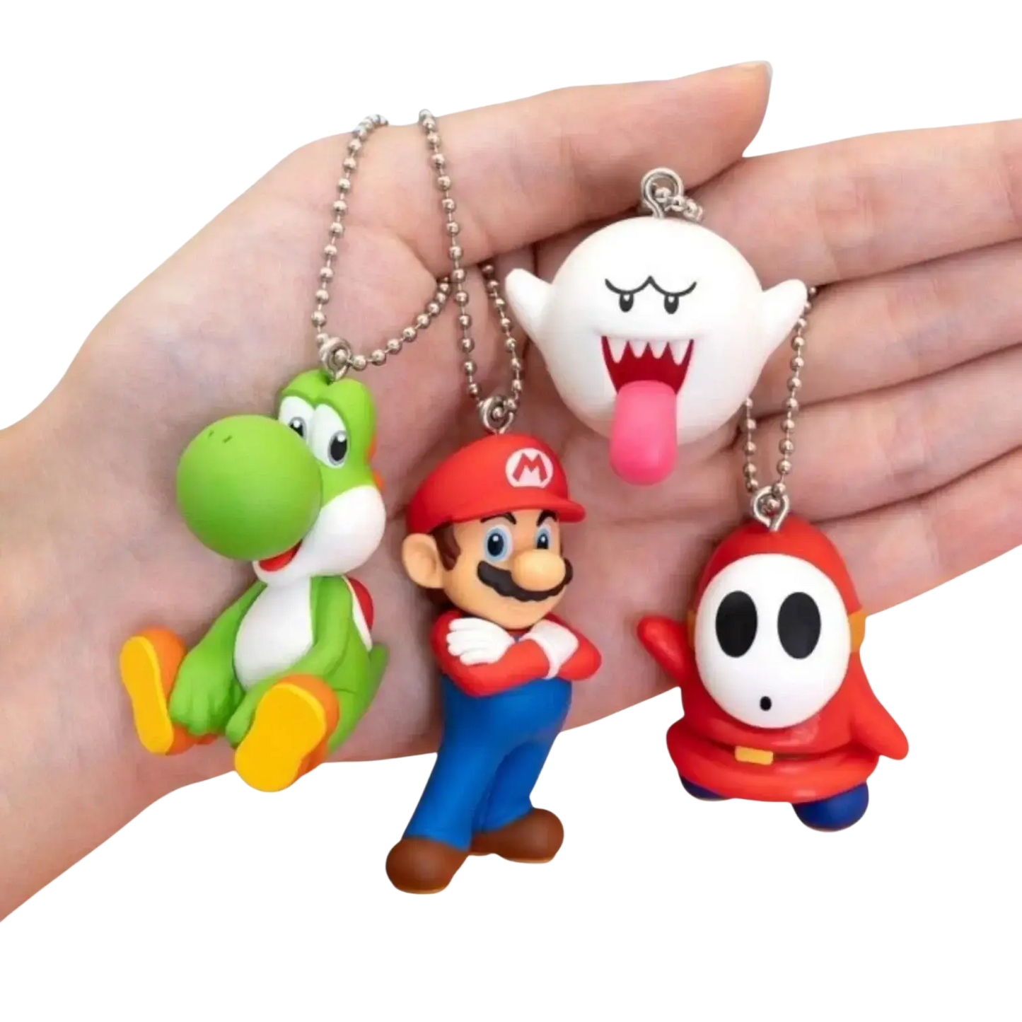 Set of four colorful plastic super mario bros mascot charm collection keychains by bandai shokugan officially licensed