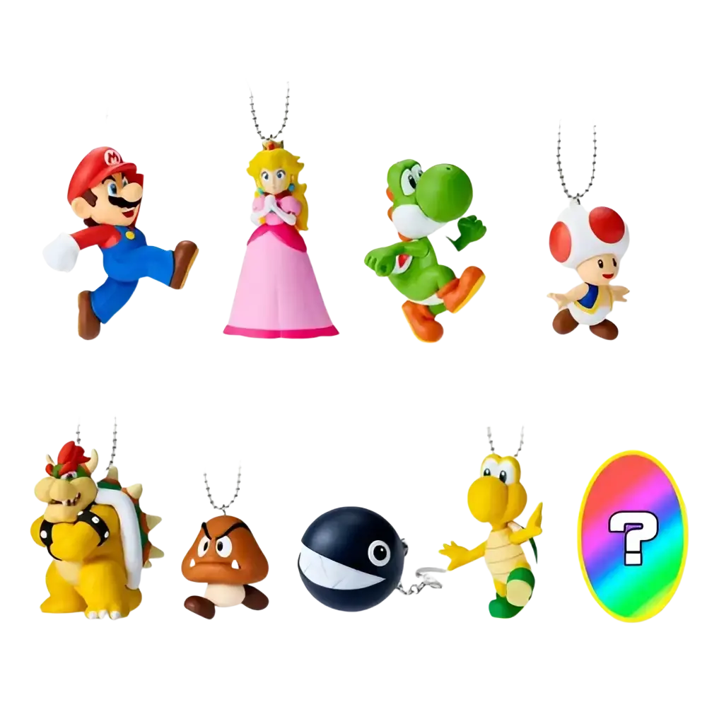 Super mario bros mascot charm collection by bandai shokugan features nine colorful plastic figurines including mario and princess peach