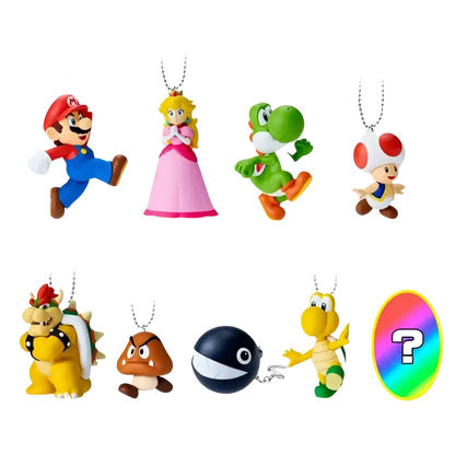 Super mario bros mascot charm collection by bandai shokugan features nine colorful plastic figurines including mario and princess peach