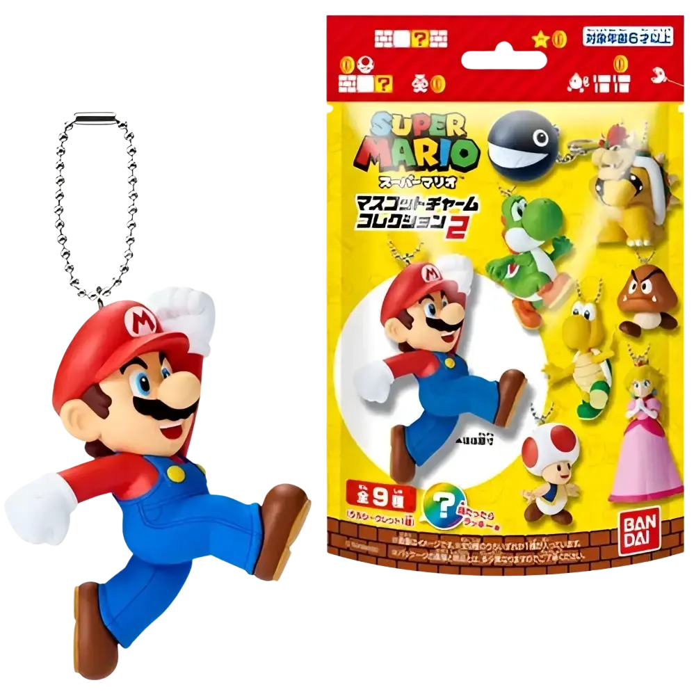 Red and blue plastic super mario bros mascot charm collection figure with silver chain keychain by bandai shokugan