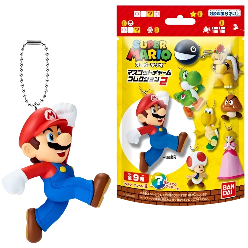 Red and blue plastic super mario bros mascot charm collection figure with silver chain keychain by bandai shokugan