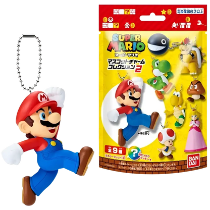 Red and blue plastic super mario bros mascot charm collection figure with silver chain keychain by bandai shokugan