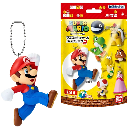 Red and blue plastic super mario bros mascot charm collection figure with silver chain keychain by bandai shokugan