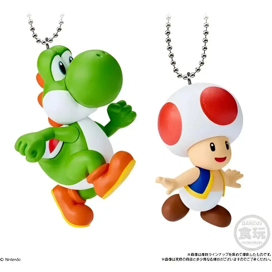Green yoshi and white toad with red spots plastic charms with chain necklaces from super mario bros mascot charm collection bandai shokugan