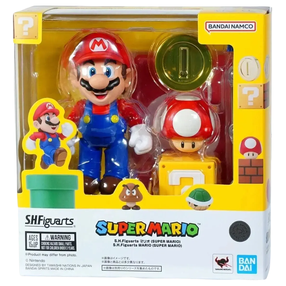 Super Mario Bros Mario S.H.Figuarts action figure in red hat and blue overalls with green coin and mushroom accessory