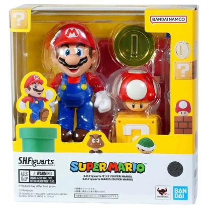 Super Mario Bros Mario S.H.Figuarts action figure in red hat and blue overalls with green coin and mushroom accessory